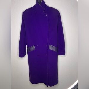 London Fog coat purple 100% wool Deep Purple long trench leather collar